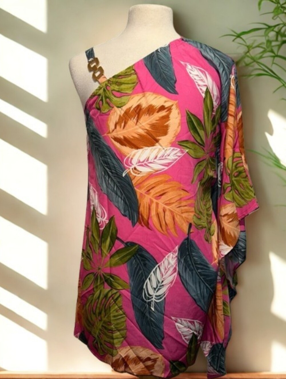 NWOT SHEIN Tropical Print Chain Detail Asym Neck Batwing Sleeve Dress Sz XL